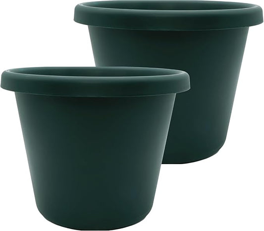 The HC Companies 14 Inch Classic Round Planter Pots with Drainage, Rolled Rim Plastic Planters for Indoor & Outdoor Plants, 2-Pack Decorative Flower Pots for Garden, Office & Home Decor, Evergreen
