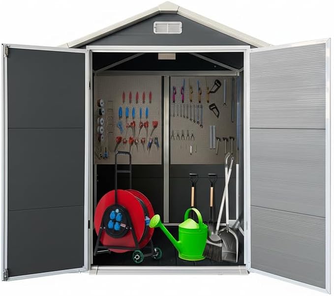 YOPTO 6x4 FT Plastic Storage Shed,Outdoor Storage Shed with Floor and Lockable Door,Waterproof Garden Shed W/Windows & Vents,Sloped Roof,Tool House for Storing Bicycles,Lawnmowers,Gray - Image 10
