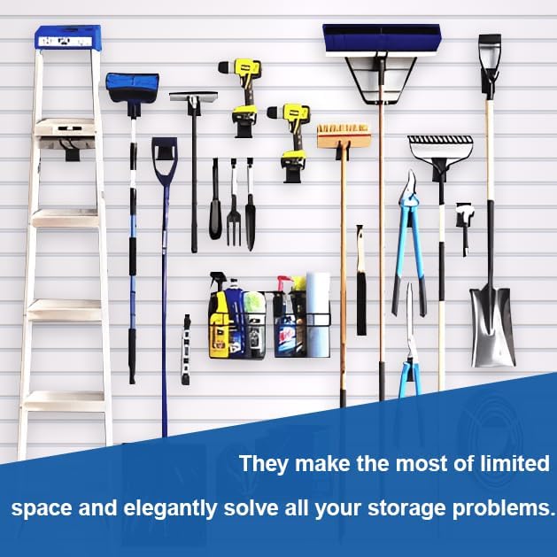 NeatiEase 20 PCS Slatwall Accessories Kit for Garage Rooms Shops Storage Organizing Display, Slat Wall Accessory Includes 18 PCS Multisized Heavy Duty Slatwall Hooks and 2 Pack Velcro Straps - Image 6