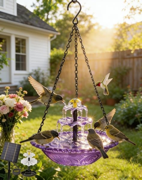 Solar Cascade Hanging Bird Bath Fountain, Solar Birdbath Fountain with Pump, Weatherproof Water Feature to Attract Hummingbirds, Garden Gift Yard Patio Backyard Decoration (Purple)