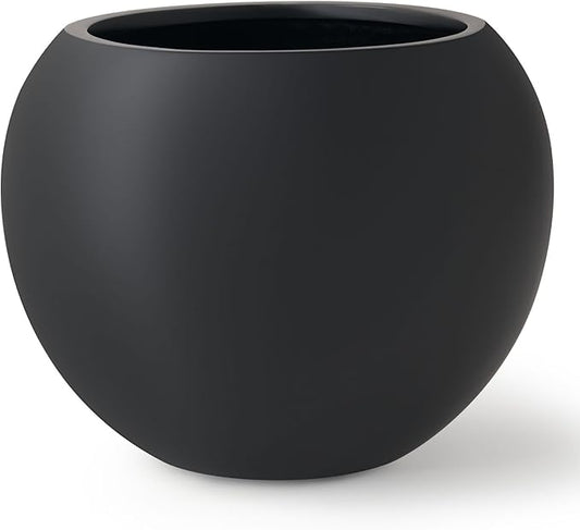 12.8"H x 16"D Premium Globo Fiberstone Round Planter with Drainage Hole, Smooth Finishes, Weather Resistant for Indoor and Outdoor Use, Included 2 Extra Coco Mats (Black, 10.7" Pot Opening)