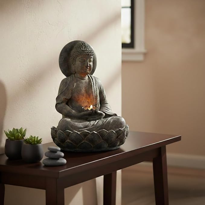Teamson Home Buddha Zen Statue Water Fountain with LED Light and Pump for Outdoor Patio Garden Backyard Decking, 28 Inch Height, Stone Gray