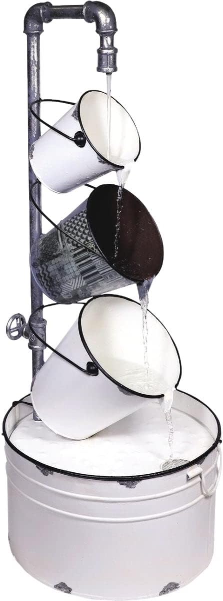 Alpine Corporation MCC594 33" Indoor/Outdoor Floor Vintage Metal Pails Fountain – Tiered Pails Garden Fountain, Water Feature for Patio, Garden, Yard, and Outdoor Spaces, Rustic Cream