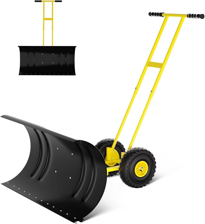 GarveeLife 29.5" Wide Heavy Duty Snow Pusher with Wheels for Driveway, Steel Blade, 7-Position Adjustable Angle, 60° Tilt Handle, Ergonomic Push Snow Shovel with Ground Protection by GarveeLife