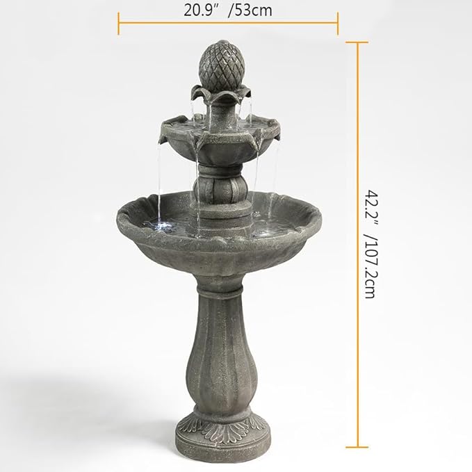 3 Tiered Outdoor/Indoor Water Fountains –42.2 in. Tall, Like Stone Bird Bath for Outside, Elegant Waterfall Feature for Garden, Yard, Patio, Home Decor (Grey)