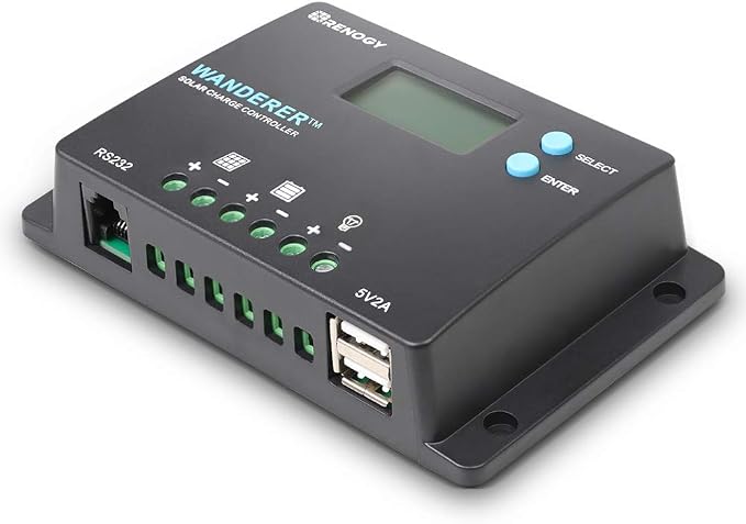 Renogy 10 Amp 12V/24V PWM Negative Ground Solar Charge Controller Compact Design w/LCD Display for AGM, Gel, Flooded and Lithium Battery, Wanderer 10A by RenogySolar