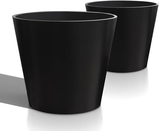 Wide Planters for Outdoor Plants, Extra Large Indoor Flower Pots for Garden, Front Porch, Patio - Round Resin Planter Set of 2 (Black, 16" D x 13" H)
