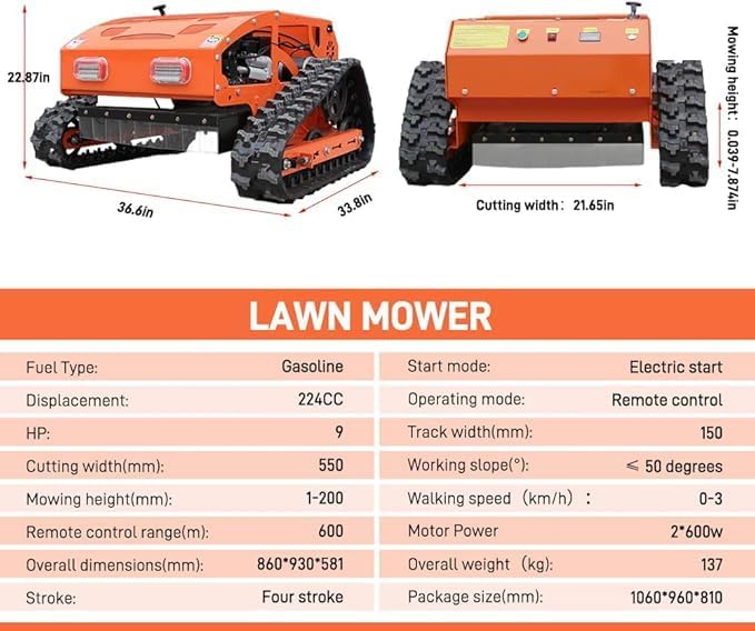 300lbs Remote Control Lawn Mower with 9Hp Four Stroke Gasoline Engine, Manganese Steel Blade, Adjustable Cutting Height and Speed, All Terrain Grass Cutter Yard Mower Remote Control (Orange) - Image 2