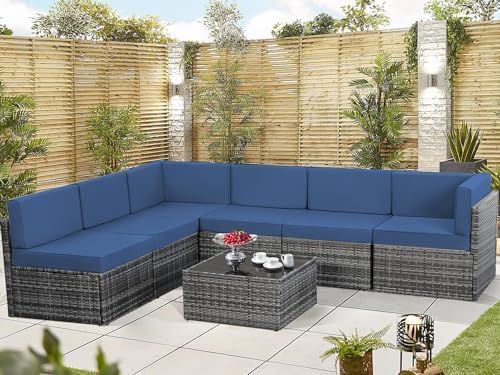 U-MAX 7 Piece Outdoor Patio Furniture Set with 43 Inch Fire Pit Table, PE Rattan Wicker Sofa Set, Outdoor Sectional Furniture Chair Set with Cushions and Tea Table, Grey Rattan&Dark Blue Cushion