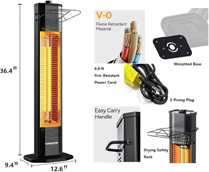 VAGKRI Outdoor Electric Patio Heater, 1500W 36" Infrared Heater with 2 Heat Tube, 3 Levels, Tip-Over&Overheat Protection, IPX5 Waterproof Tower Electric Patio Heater for Outdoor Indoor, Backyard, Room