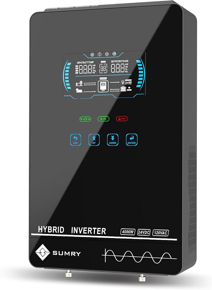 SUMRY Hybrid Solar Inverter, 4000W DC 24V to AC 120V Pure Sine Wave Power Converter, Glass Top Cover with LCD Display, 140A MPPT Charge Controller, Supports Battery-Less or AGM Lithium Battery by SRGFTS