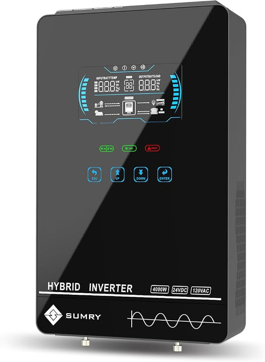 SUMRY Hybrid Solar Inverter, 4000W DC 24V to AC 120V Pure Sine Wave Power Converter, Glass Top Cover with LCD Display, 140A MPPT Charge Controller, Supports Battery-Less or AGM Lithium Battery by SRGFTS