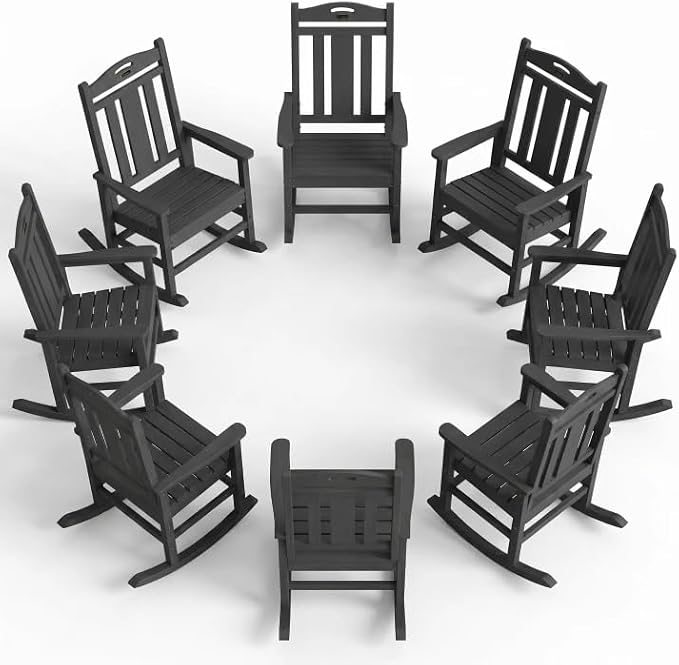 Ciokea Oversized Outdoor Rocking Chairs Set of 8, 380lbs Heavy-Duty Large Patio Rocker, High Back Cozy Porch Chairs, Weather Resistant Patio Rocking Chairs for Outside, Fire Pit, Deck, Dark Grey by CIOKEA