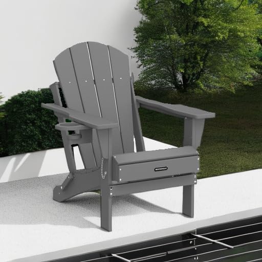 MUCHENGHY Folding Adirondack Chairs, Patio Chairs, Lawn Chairs, Outdoor Chair, Adirondack Chair Plastic, Fire Pit, Weather Resistant with Cup Holder for Deck, Backyard, Garden(Gray) - Image 6