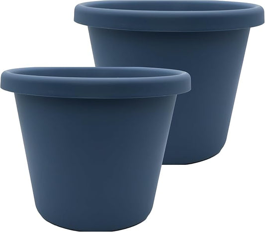 The HC Companies 11.5 Inch Classic Round Planter Pots with Drainage, Rolled Rim Plastic Planters for Indoor & Outdoor Plants, 2-Pack Decorative Flower Pots for Garden, Office & Home Decor, Slate Blue