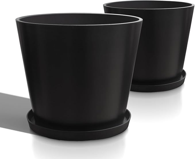 Wide Planters for Outdoor Plants, Extra Large Indoor Flower Pots for Garden, Front Porch, Patio - Round Resin Planter Set of 2 (Black, 16" D x 14" H)