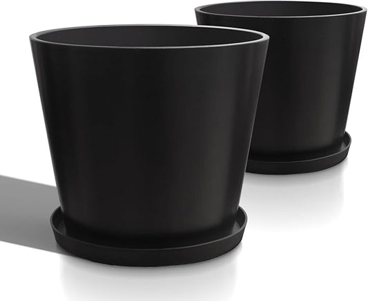 Wide Planters for Outdoor Plants, Extra Large Indoor Flower Pots for Garden, Front Porch, Patio - Round Resin Planter Set of 2 (Black, 16" D x 14" H)