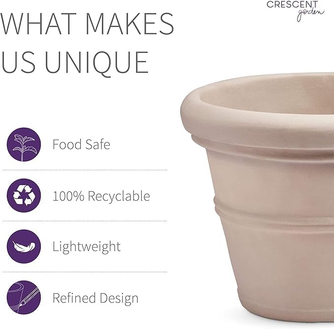 Crescent Garden Brunello Classic Rolled Rim Planter Pot, Indoor/Outdoor Weather-Safe Round Plant Pot, 14'' (Weathered Concrete)