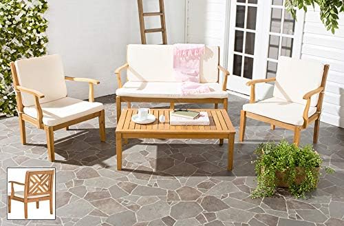 Safavieh Outdoor Living Collection Bradbury 4-Piece Outdoor Living Set, Natural/Beige, Chair: 25.6" x 24.8" x 31.9" Bench: 48.4" x 24.8"