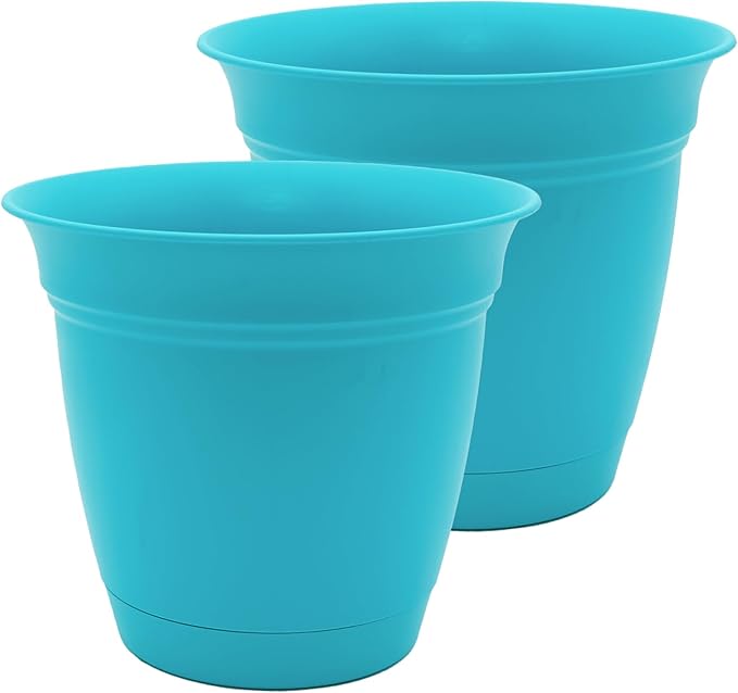 The HC Companies 10 Inch Eclipse Round Planter Pots with Drainage Holes & Attached Saucer, Lightweight UV-Resistant Plastic Indoor & Outdoor Planters, 2-Pack Flower Pots for Garden & Home Decor, Teal