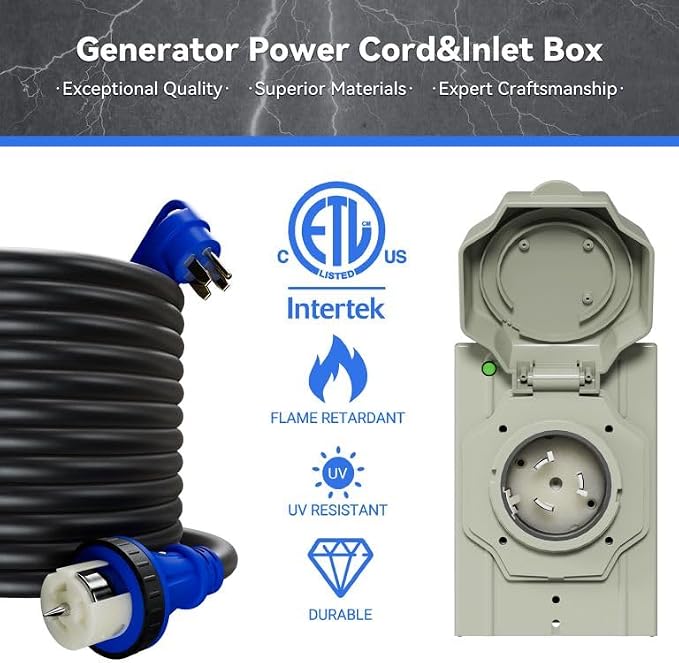 50AMP 15Feet Generator Cord with Pre-drilled Power Inlet Box, 4 Prong 125V/250V NEMA 14-50P Male to SS2-50R, STW 6/3+8/1 AWG Twist Locking with Inlet Box for Generator to House, UL&ETL Listed - Image 7