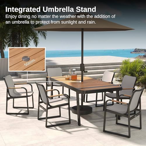 East Oak Signature 7 Pieces Outdoor Dining Set | Durable & Comfortable Patio Dining Table and Chairs for 6 with Teak, Aluminum, and Teslin Fabric in Dark Grey for Garden and Yard