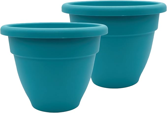 The HC Companies 12 Inch Caribbean Planter Pots with Drainage & Plug, Rolled Rim Plastic Planters for Indoor & Outdoor Plants, 2-Pack Decorative Flower Pots for Garden, Office & Home Decor, Dusty Teal