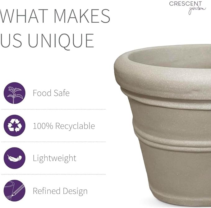 Crescent Garden Brunello Classic Rolled Rim Planter, Indoor/Outdoor Weather-Safe Round Plant Pot, Large Plastic Flowerpot for Flowers, Faux Plants, Trees - 27'' W (Parchment)