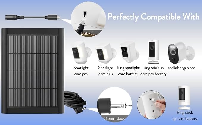 Ring Solar Panel(2nd Generation), 2-Pack 5W Ring Solar Panel Charger with Mount and 12FT Extension Cable for Stick Up Camera & Pro, Spotlight Plus & Pro, Stick Up, Spotlight Cam Battery (2Pack White) - Image 2