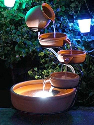 ASC Cascade Ceramic Solar Water Fountain Bowls 5 Tierd with Panel Pump Cascading Garden Decoration Bird Iron Frame (Terracotta with Battery and Led)