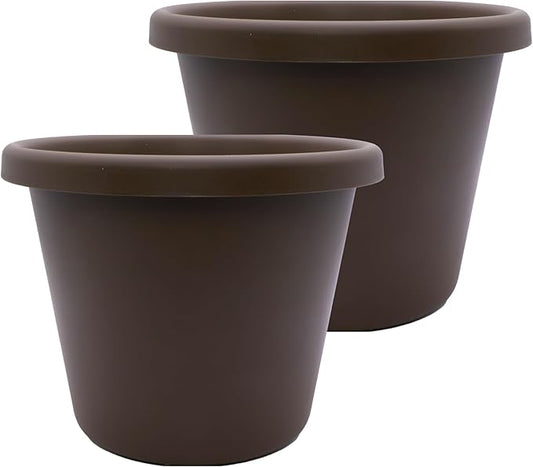 The HC Companies 15.5 Inch Classic Round Planter Pots with Drainage, Rolled Rim Plastic Planters for Indoor & Outdoor Plants, 2-Pack Decorative Flower Pots for Garden, Office & Home Decor, Chocolate