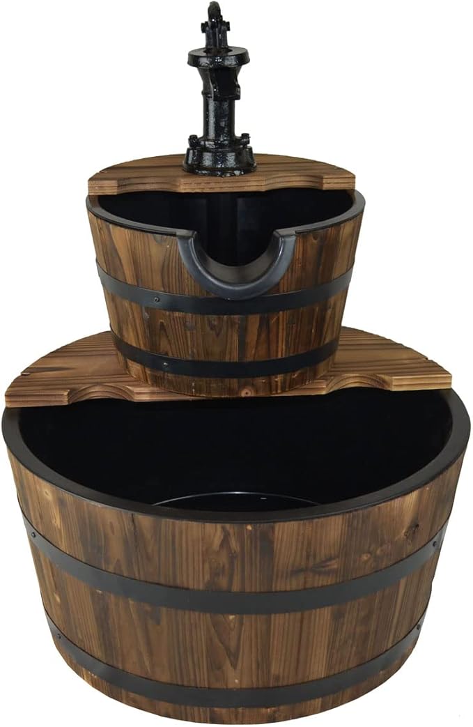 Wood Barrel with Pump Outdoor Water Fountain - Medium Garden Water Fountain