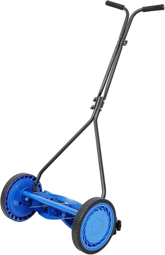 16 Inch Push Reel Lawn Mower with 5-Blade Ball Bearing System, Manual Walk Behind Mower, Heat-Treated Steel Blades, Adjustable Height 0.5-2.25 Inch, Blue by FRITHJILL
