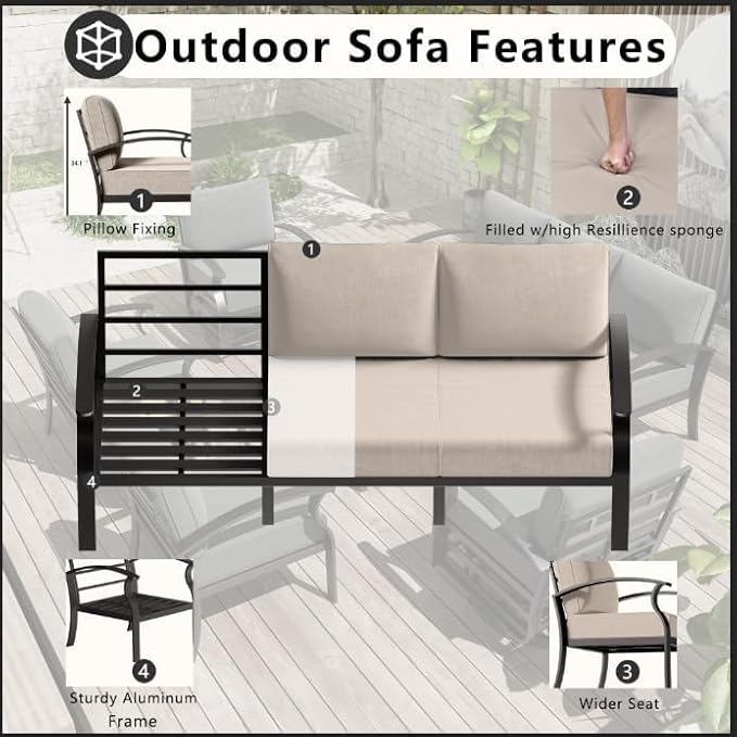 Patio Furniture Set 7-Piece Aluminum Armrest Sofa, Modern Outdoor Living Room Set with 55000 BTU Propane Aluminum Fireplace, Outdoor Rotary Joystick with Thick Cushion