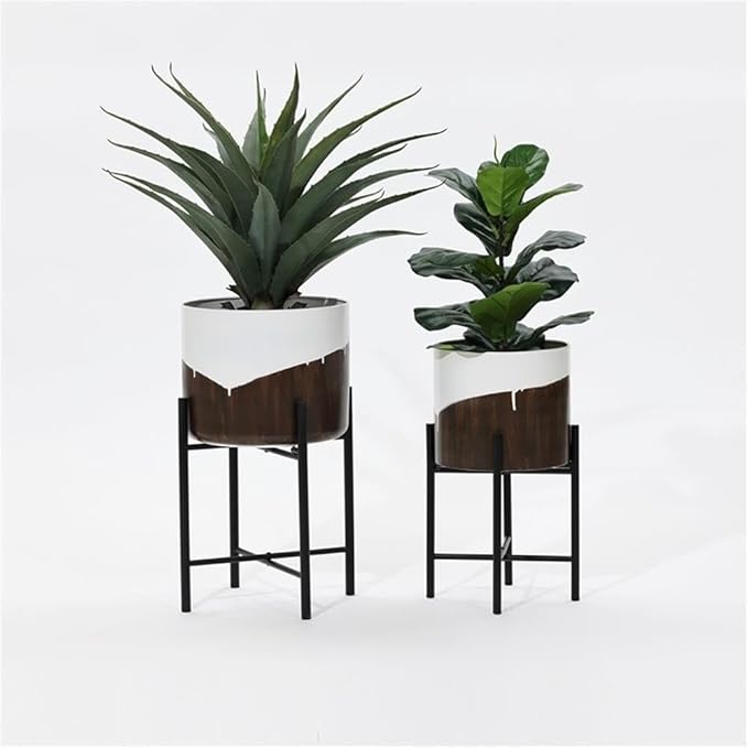 LuxenHome Modern Planter Pots, Set of 2 Planters for Indoor Plants, White and Brown Large Planters with Black Metal Stand, Flower Pots for Living Room, Office, Garden or Balcony, 10.25 & 12.5 Inch