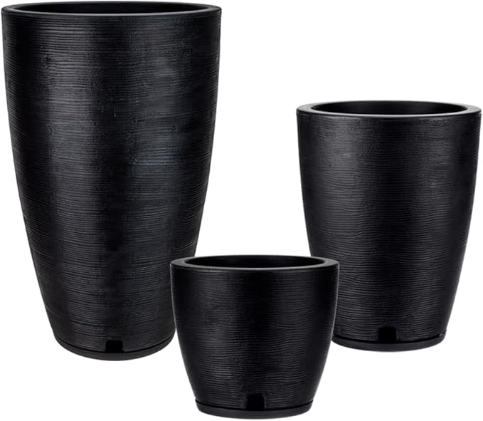 Floridis Set of 3 Black Planters for Indoor Outdoor Plants, 11/17/25 Inch Plastic Plant Pots with Drainage Hole and Saucer for Patio and Front Porch