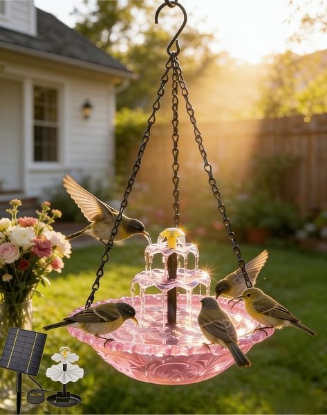 Solar Cascade Hanging Bird Bath Fountain, Solar Birdbath Fountain with Pump, Weatherproof Water Feature to Attract Hummingbirds, Garden Gift Yard Patio Backyard Decoration (Pink)