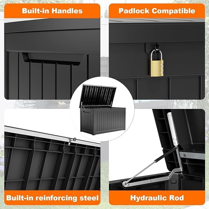 PatioZen 230 Gallon Resin Deck Box, Lockable Patio Outdoor Storage Box for Furniture, Garden Tools and Tools Storage, Waterproof Outside Storage Boxes - Black - Image 2