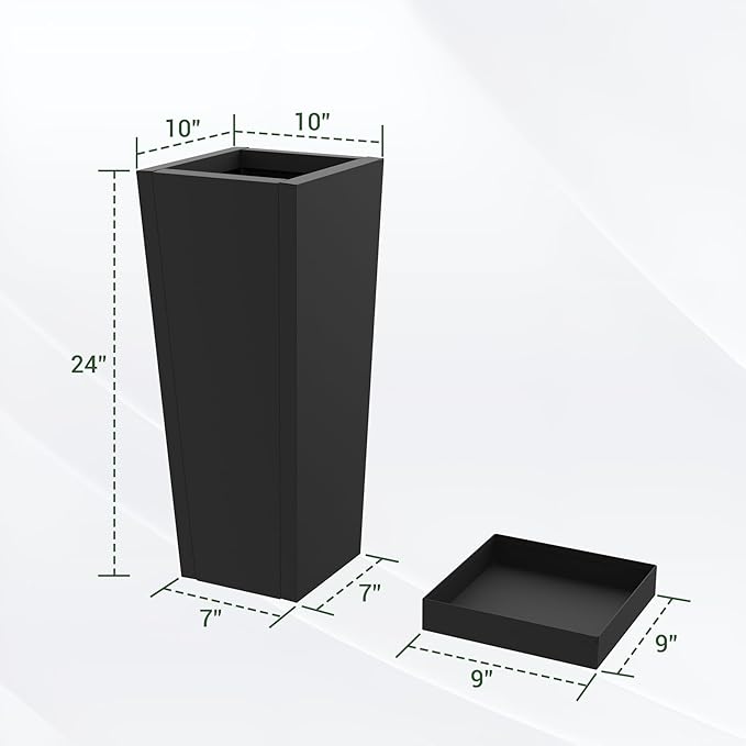 24 inch Metal Tall Planters Set of 2, Durable Taper Planter with Drainage Holes & Insert Shelves & Trays for Outdoor Indoor Garden Patio Front Door