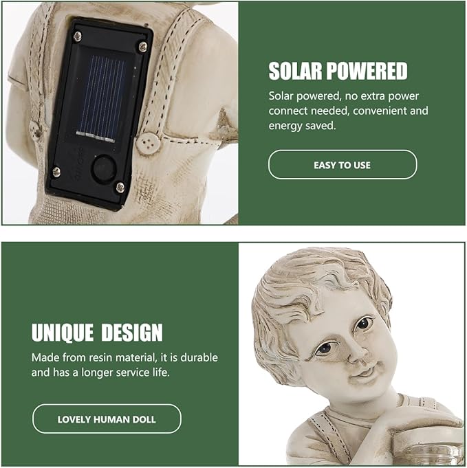 Yardwe Solar Lamp Sculpture Outdoor Garden Figurine Boy Statue Decor Solar Powered Landscape Lighting 3.5X3.5X7.2 Inches Weatherproof Lantern for Yard Patio