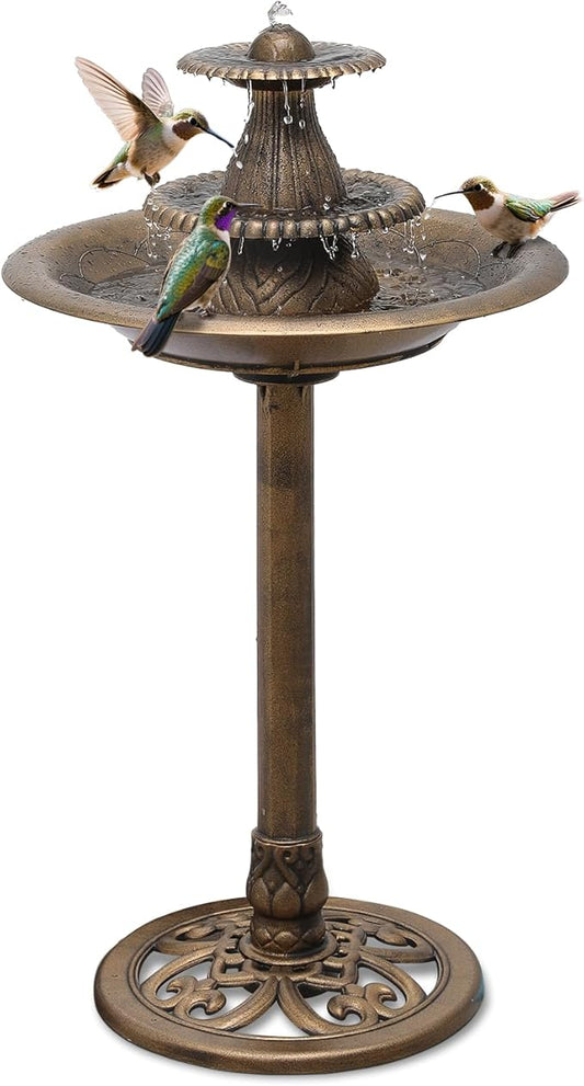 Athena Collection 37'' Height Bird Bath Vintage Pedestal Birdbath Electric Water Fountain with Recirculating Pump Polypropylene Floral Accents 3 Tier Birdbath for Outside, Patio, Garden, Bronze