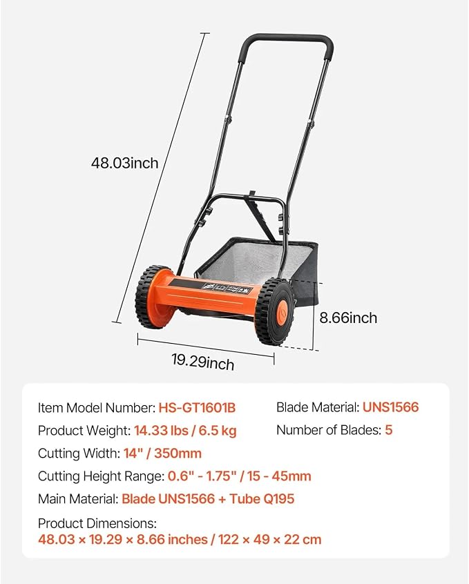 14" Manual Push Reel Lawn Mower 5-Blade Adjustable Height Grass Catcher 2 Wheels - Image 8