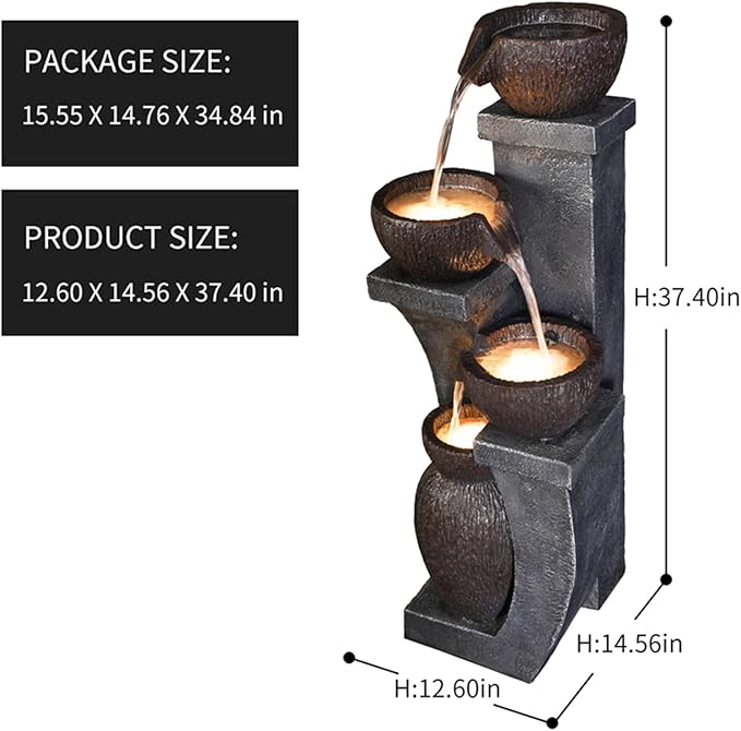 Supmix Outdoor Garden Water Fountain for Garden Patio Backyard Deck Porch and Home Art Decor 4 Tiers Modern Cascading Outdoor Fountains with Lights 37.4”H