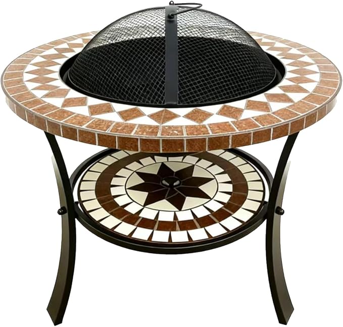 Mosaic Outdoor Fire Pit Table with BBQ Grill, Round Terracotta Pattern Top, Black Metal Stand, Patio Garden Decor Customized (Black) by Custom