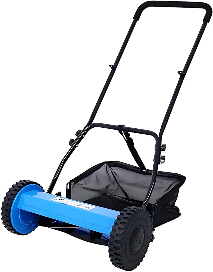14-Inch 5-Blade Push Reel Lawn Mower with Grass Catcher, Blue - Adjustable Height Precision Cutting, Eco-Friendly Manual Lawn Mower with Durable Steel Blades for Lawn Maintenance by Unknown