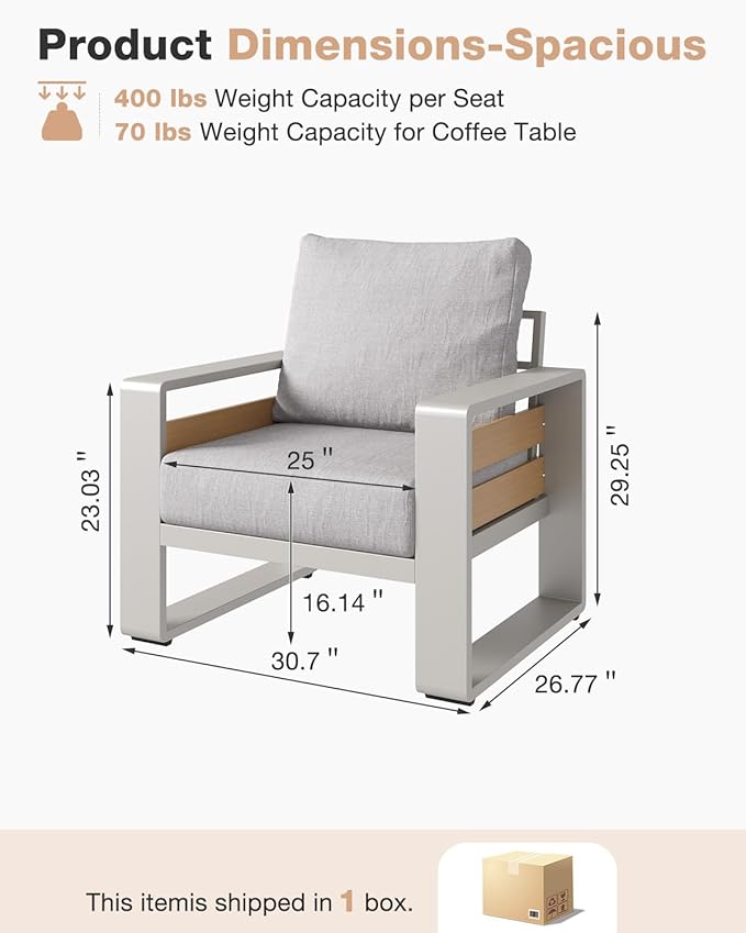 Aoxun Aluminum Patio Furniture Set, 2 Piece Luxury Outdoor Sectional with 6" Olefin Fabric Cushions, Patio Conversation Sets with Coffee Table Outdoor Sofas for Backyard, Porch Grey
