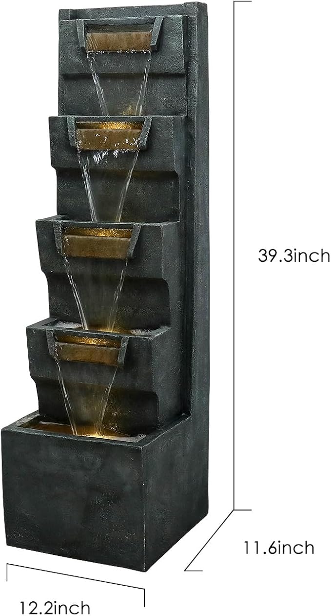 39.3" H Modern Water Fountain 5-Tier Outdoor Garden - Water Fountain w/LED Lights Cascading Waterfall Features for Home Garden Backyard Decor
