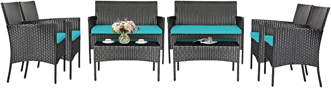 8 Pieces Patio Furniture Set, Outdoor Conversation Set with Ergonomic Curved Backrest, Patio Chair Set with Water-Resistant Cushion & Tempered Glass Table for Balcony,Porch(Turquoise)