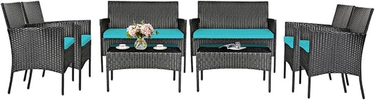 8 Pieces Patio Furniture Set, Outdoor Conversation Set with Ergonomic Curved Backrest, Patio Chair Set with Water-Resistant Cushion & Tempered Glass Table for Balcony,Porch(Turquoise)