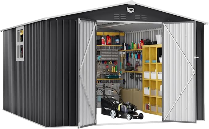 10x12 FT Outdoor Storage Shed, Metal Garden Shed - Tool Storage Sheds with Lockable Doors & 1 Clear Window, Waterproof Outside Storage Building for Backyard, Patio (Black; Floor Not Included) by SOFTKISS